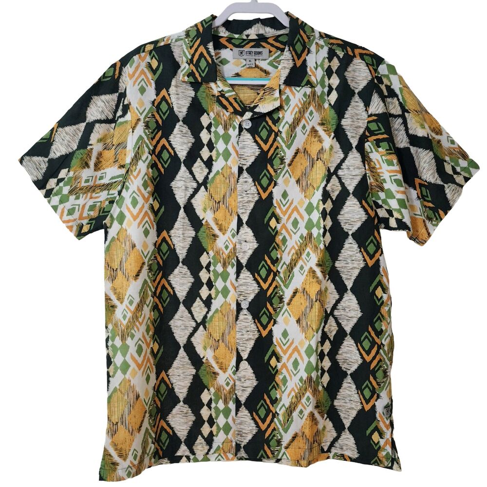 Stacy Adams Mens Linen Cotton Shirt XL Button Up Cuban Collar Green Yellow EUC